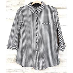 Lafayette 148 Womens M Black White Plaid Gingham Button Up Blouse Designer Luxe
